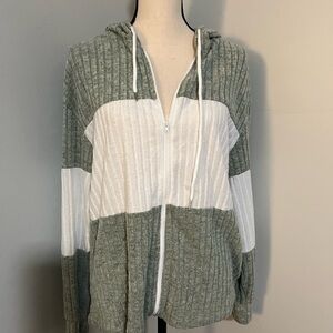 Women's Green and White Hooded Zip-Up Top